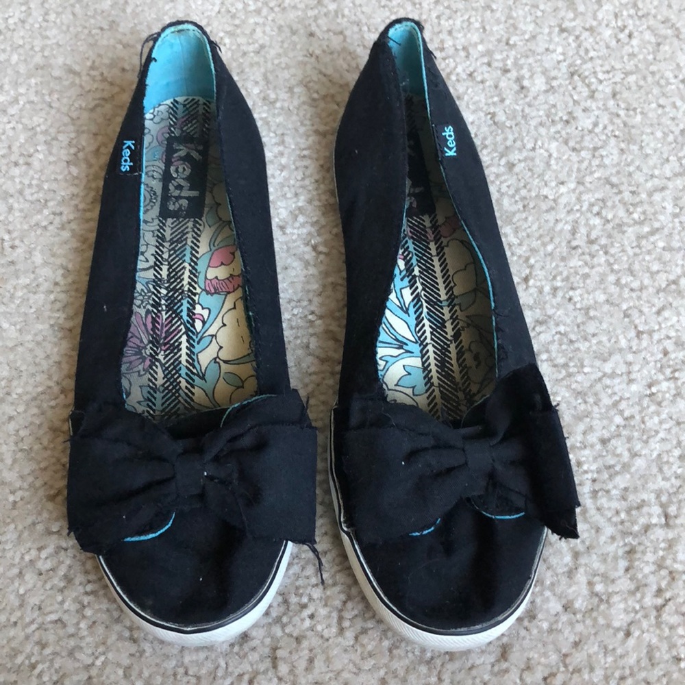 Keds Black Slip On Flats with bow detail